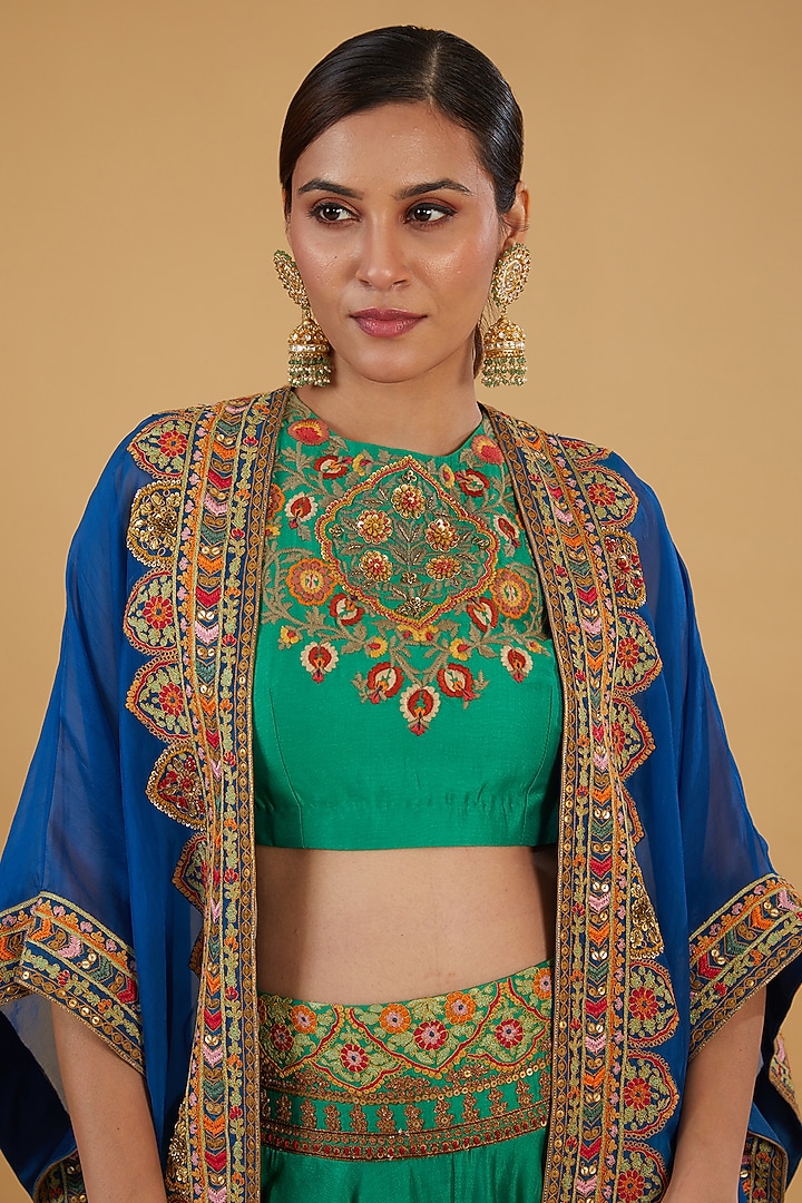 Meena Green Chanderi Silk Skirt Set by Debyani at Pernia's Pop Up Shop