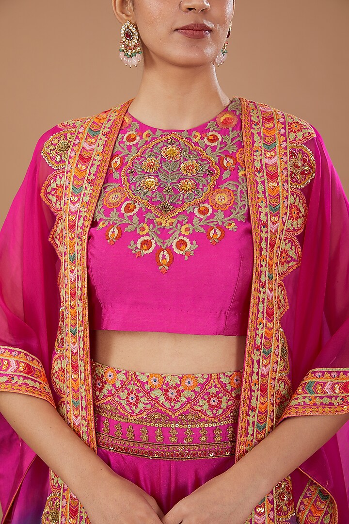 Pink Chanderi Embroidered Cape Set by Debyani at Pernia's Pop Up Shop