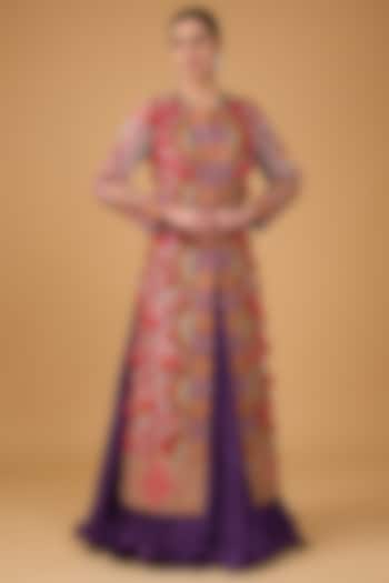 Multi-Colored Silk Chanderi Embroidered Long Jacket Set by Debyani