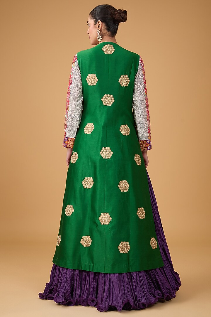 Multi-Colored Silk Chanderi Embroidered Long Jacket Set by Debyani at Pernia's Pop Up Shop