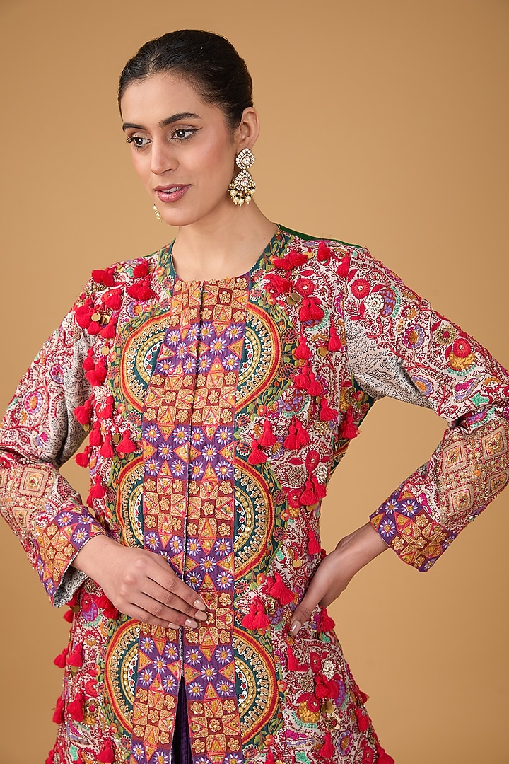 Multi-Colored Silk Chanderi Embroidered Long Jacket Set by Debyani at Pernia's Pop Up Shop