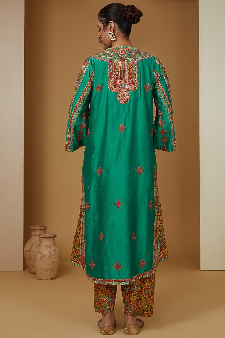 Green Chanderi Silk Embroidered Choga Set by Debyani at Pernia's Pop Up Shop