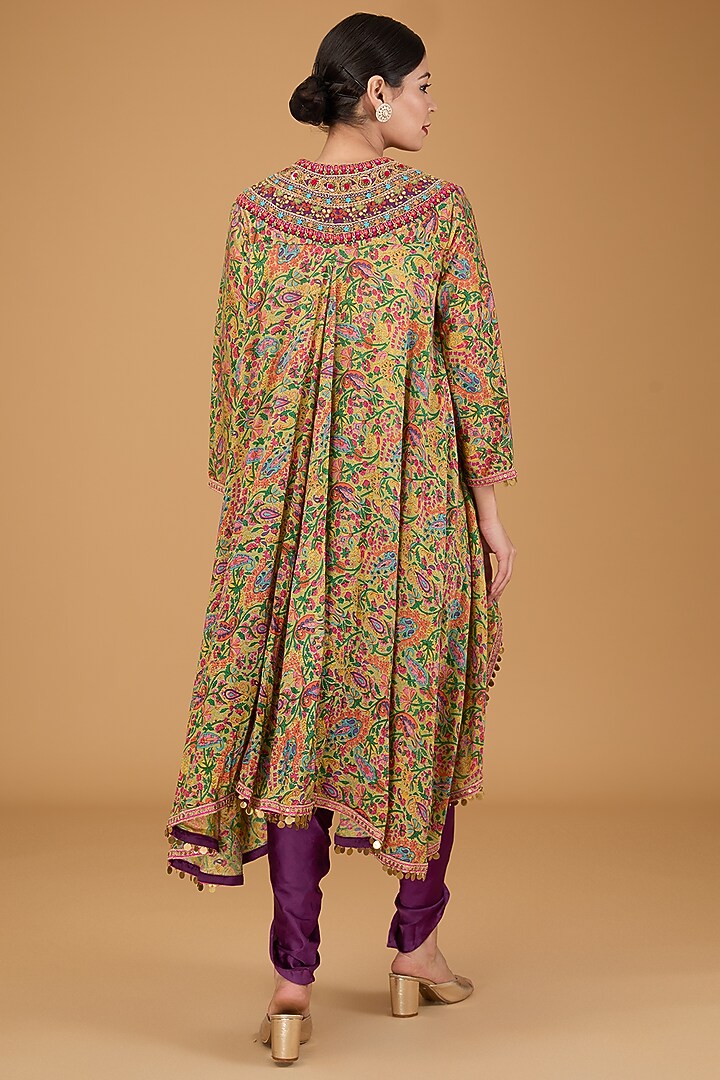 Mustard Chanderi Paisley Printed Jacket Set by Debyani at Pernia's Pop Up Shop