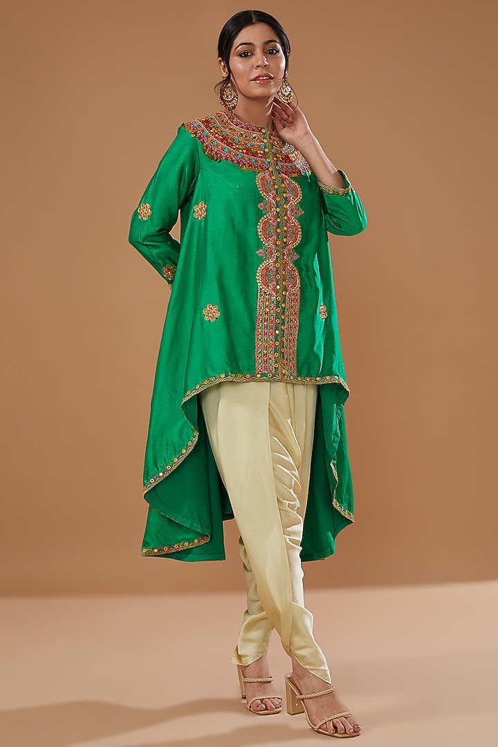 Green Chanderi Embroidered Jacket Set by Debyani at Pernia's Pop Up Shop