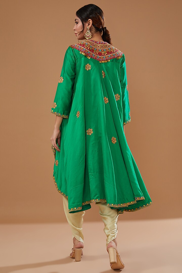 Green Chanderi Embroidered Jacket Set by Debyani at Pernia's Pop Up Shop