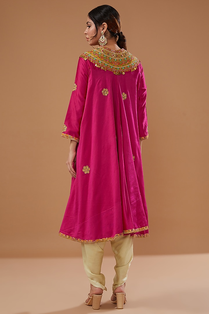 Rani Pink Chanderi Embroidered Jacket Set by Debyani at Pernia's Pop Up Shop