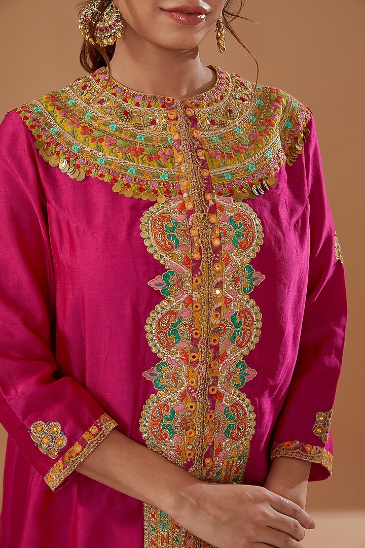 Rani Pink Chanderi Embroidered Jacket Set by Debyani at Pernia's Pop Up Shop