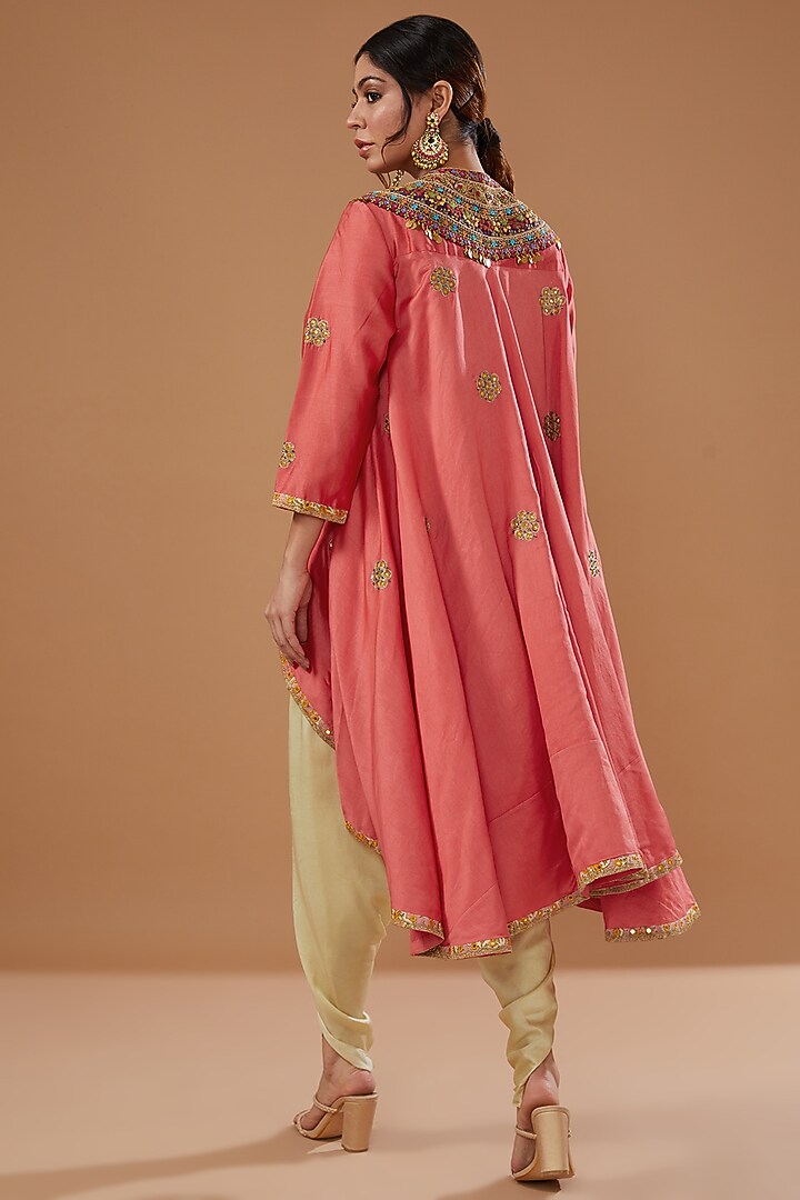 Coral Chanderi Embroidered Jacket Set by Debyani at Pernia's Pop Up Shop