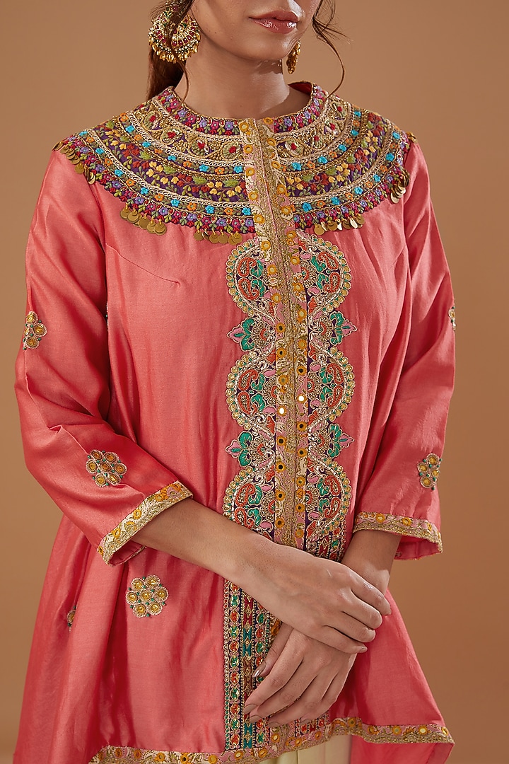 Coral Chanderi Embroidered Jacket Set by Debyani at Pernia's Pop Up Shop