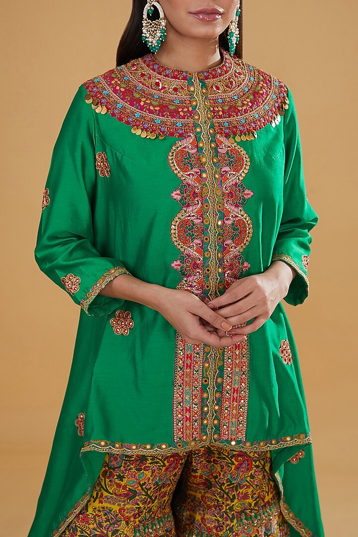 Multi-Colored Chanderi Silk Embroidered Bridal Sharara Set by Debyani at Pernia's Pop Up Shop