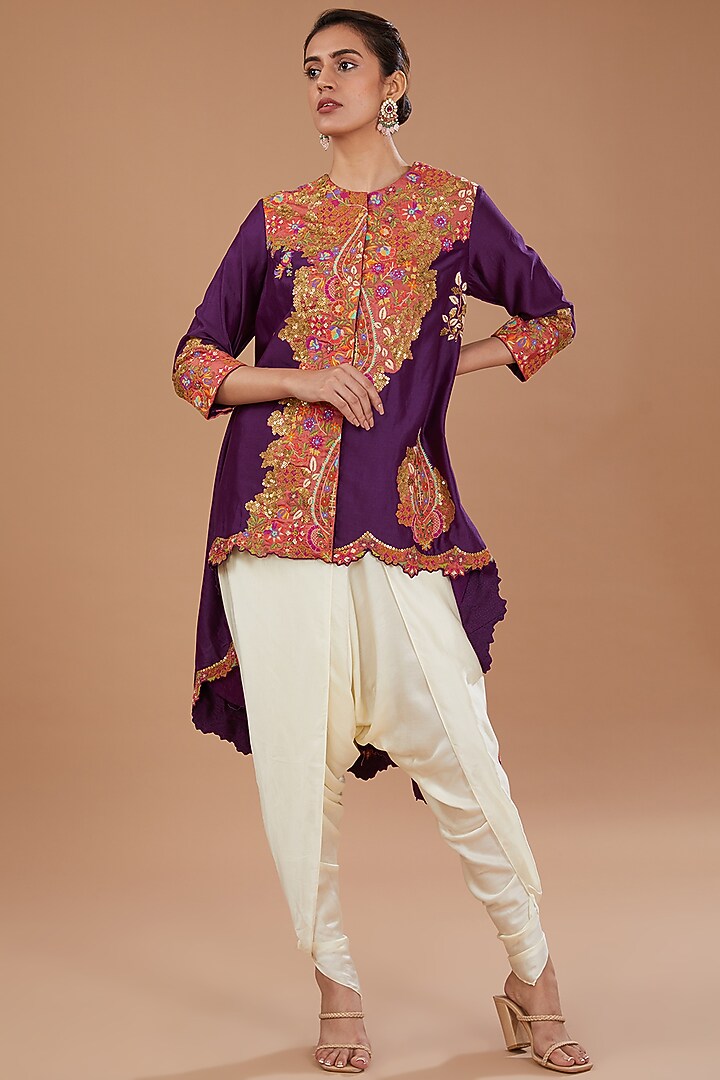 Purple Chanderi Embroidered Jacket Set by Debyani at Pernia's Pop Up Shop