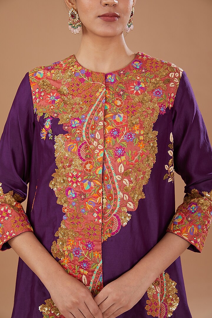 Purple Chanderi Embroidered Jacket Set by Debyani at Pernia's Pop Up Shop