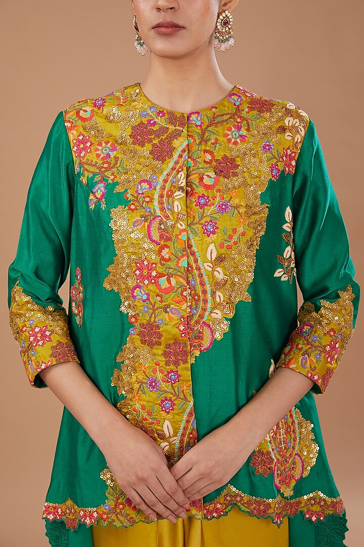 Green Chanderi Embroidered Jacket Set by Debyani at Pernia's Pop Up Shop
