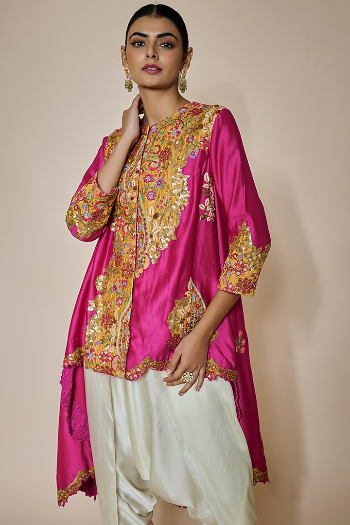 Magenta Chanderi Silk Trail Jacket Set by Debyani at Pernia's Pop Up Shop