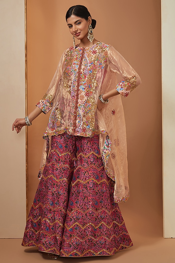 Dark Pink Tissue & Chanderi Trail Jacket Set by Debyani at Pernia's Pop Up Shop