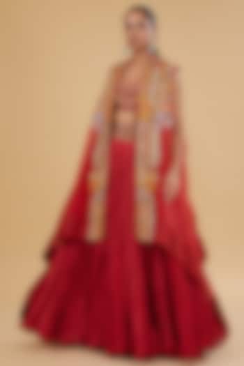 Red Organza Patchwork High-Low Cape Set by Debyani at Pernia's Pop Up Shop