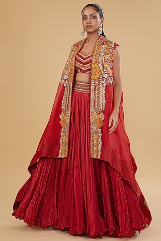Red Organza Patchwork High-Low Cape Set by Debyani