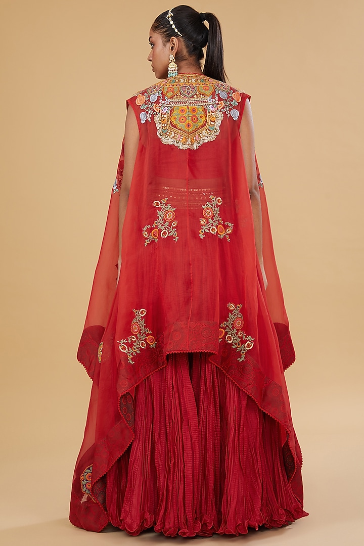 Red Organza Patchwork High-Low Cape Set by Debyani at Pernia's Pop Up Shop
