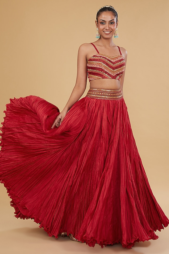 Red Organza Patchwork High-Low Cape Set by Debyani at Pernia's Pop Up Shop