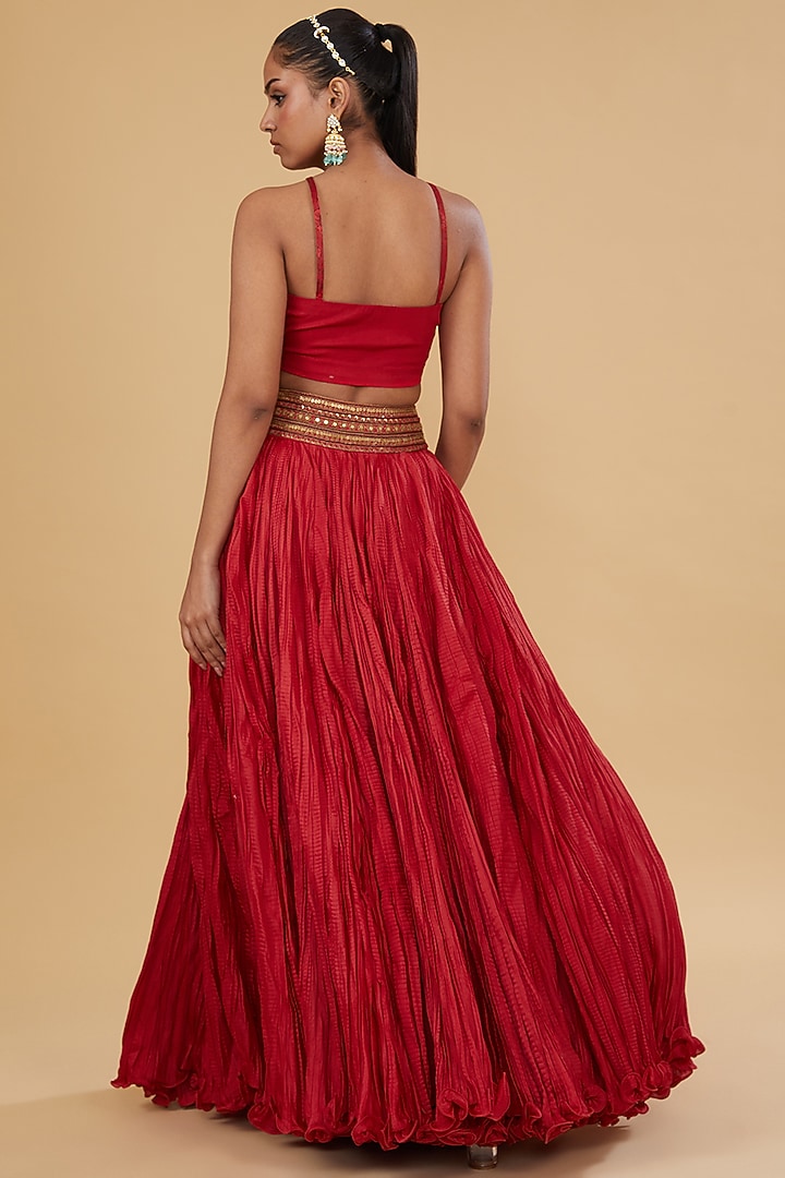 Red Organza Patchwork High-Low Cape Set by Debyani at Pernia's Pop Up Shop
