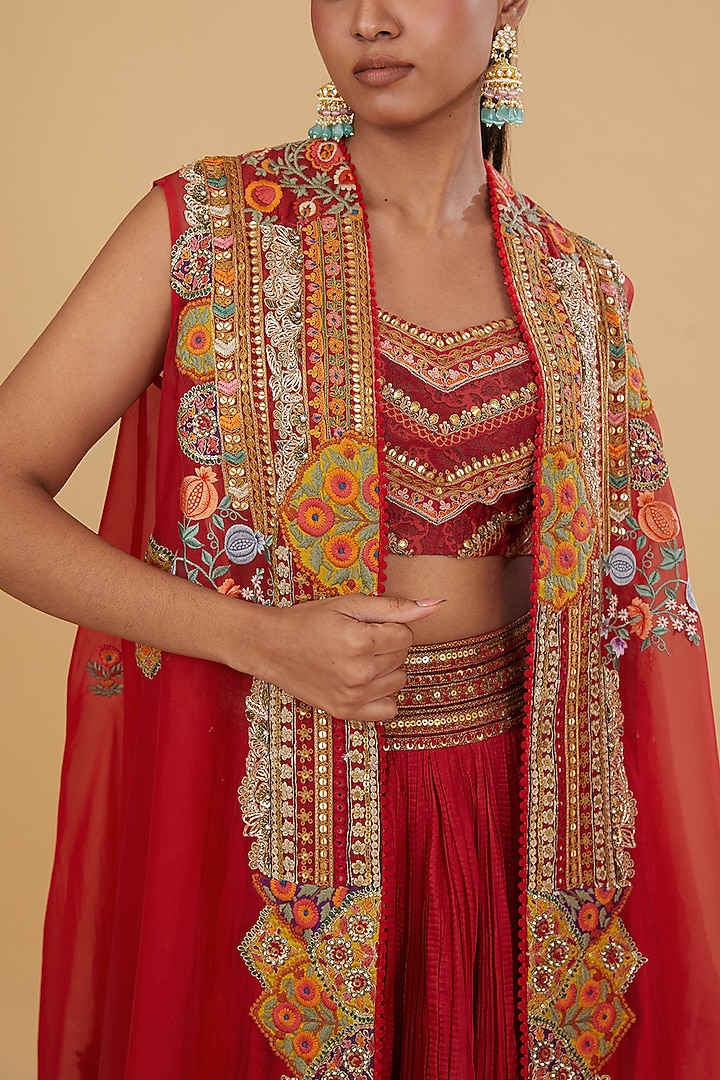 Red Organza Patchwork High-Low Cape Set by Debyani at Pernia's Pop Up Shop