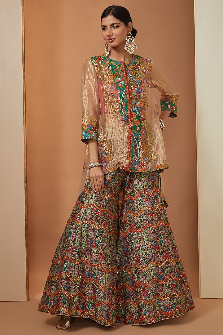 Mint Chanderi Printed Bridal Sharara Set by Debyani at Pernia's Pop Up Shop