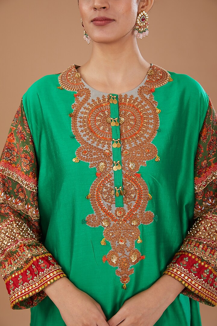 Green Silk Kurta Set by Debyani at Pernia's Pop Up Shop