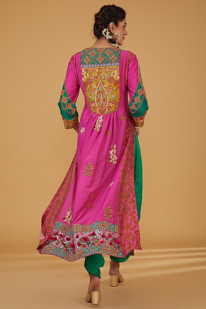 Rani Pink Chanderi Silk Hand Embroidered Gathered Kurta Set by Debyani at Pernia's Pop Up Shop