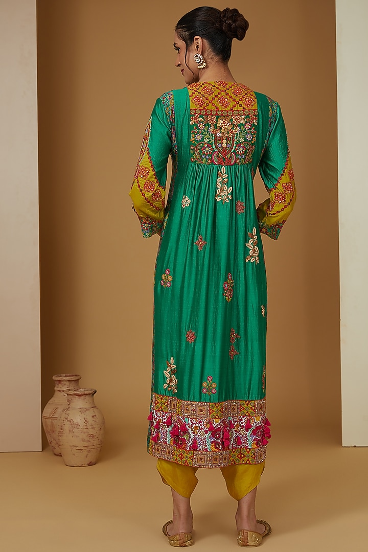 Green Cotton Silk Embroidered Gathered Kurta Set by Debyani at Pernia's Pop Up Shop