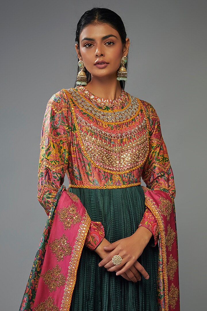 Teal Chanderi Silk Crushed Kalidar Kurta Set by Debyani at Pernia's Pop Up Shop