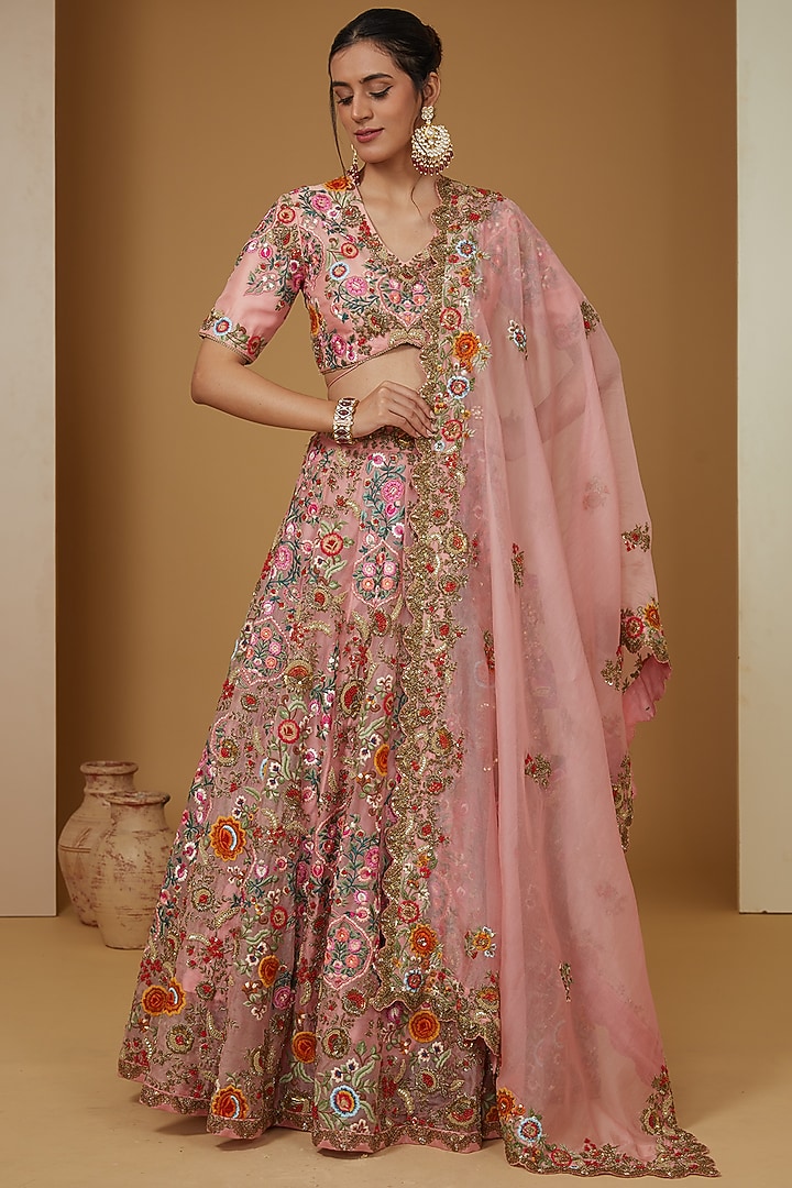 Pink Organza Motif Embroidered Bridal Lehenga Set by Debyani at Pernia's Pop Up Shop
