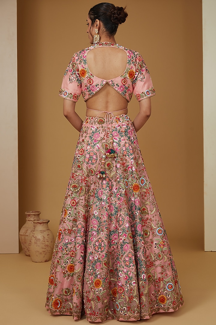 Pink Organza Motif Embroidered Bridal Lehenga Set by Debyani at Pernia's Pop Up Shop