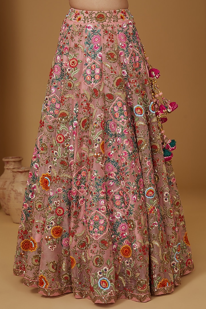 Pink Organza Motif Embroidered Bridal Lehenga Set by Debyani at Pernia's Pop Up Shop