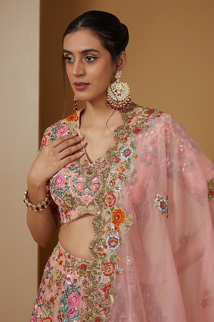 Pink Organza Motif Embroidered Bridal Lehenga Set by Debyani at Pernia's Pop Up Shop