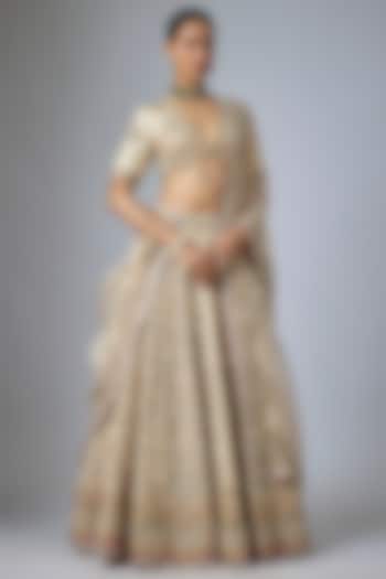 Powder Pink Silk Paisley Printed & Mukaish Embroidered Bridal Lehenga Set by Debyani at Pernia's Pop Up Shop