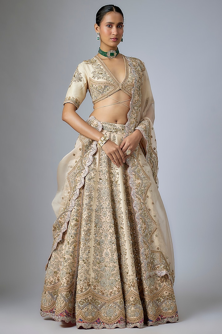 Powder Pink Silk Paisley Printed & Mukaish Embroidered Bridal Lehenga Set by Debyani at Pernia's Pop Up Shop