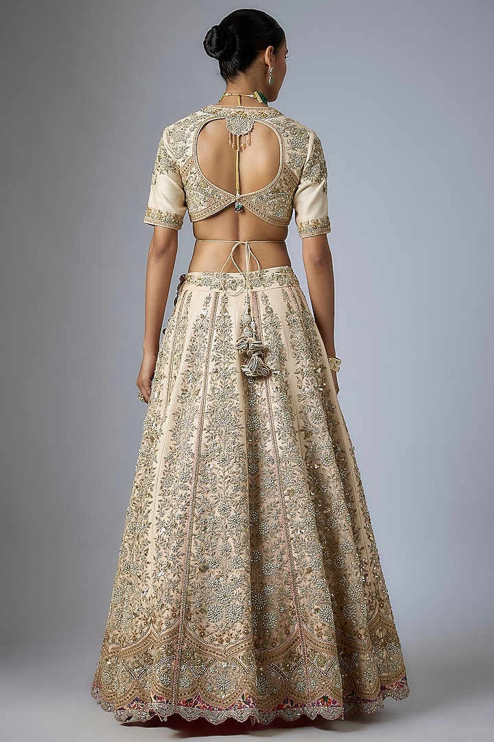 Powder Pink Silk Paisley Printed & Mukaish Embroidered Bridal Lehenga Set by Debyani at Pernia's Pop Up Shop
