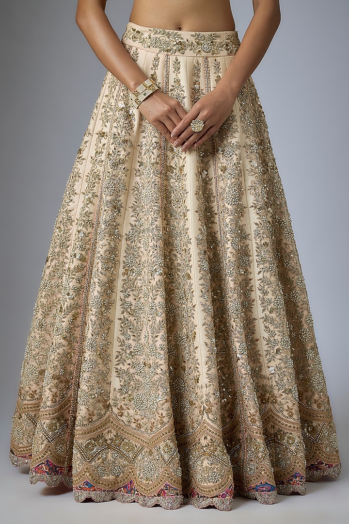 Powder Pink Silk Paisley Printed & Mukaish Embroidered Bridal Lehenga Set by Debyani at Pernia's Pop Up Shop