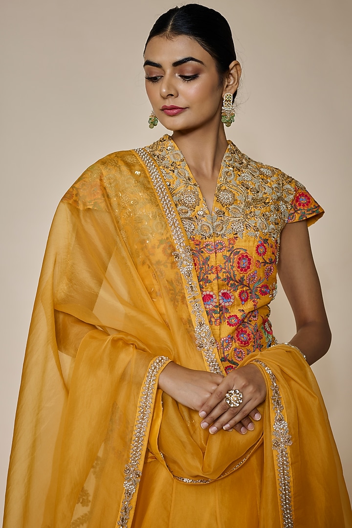 Yellow Organza Jacket Bridal Lehenga Set by Debyani at Pernia's Pop Up Shop