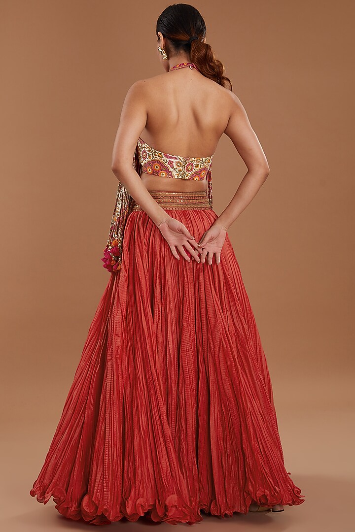Red Chanderi Crushed Skirt Set by Debyani at Pernia's Pop Up Shop