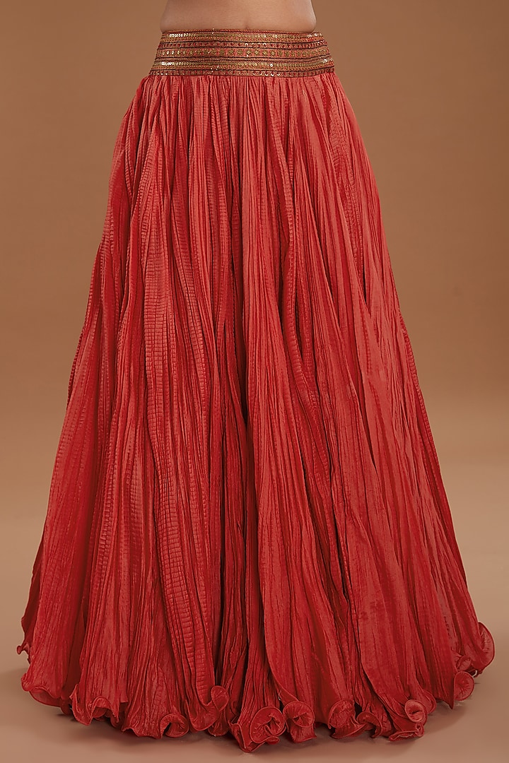 Red Chanderi Crushed Skirt Set by Debyani at Pernia's Pop Up Shop