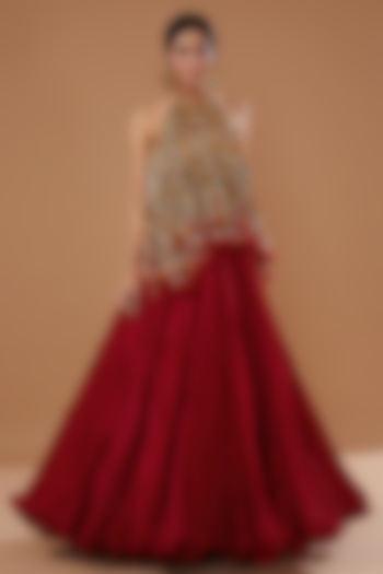 Red Chanderi Crushed Skirt Set by Debyani at Pernia's Pop Up Shop