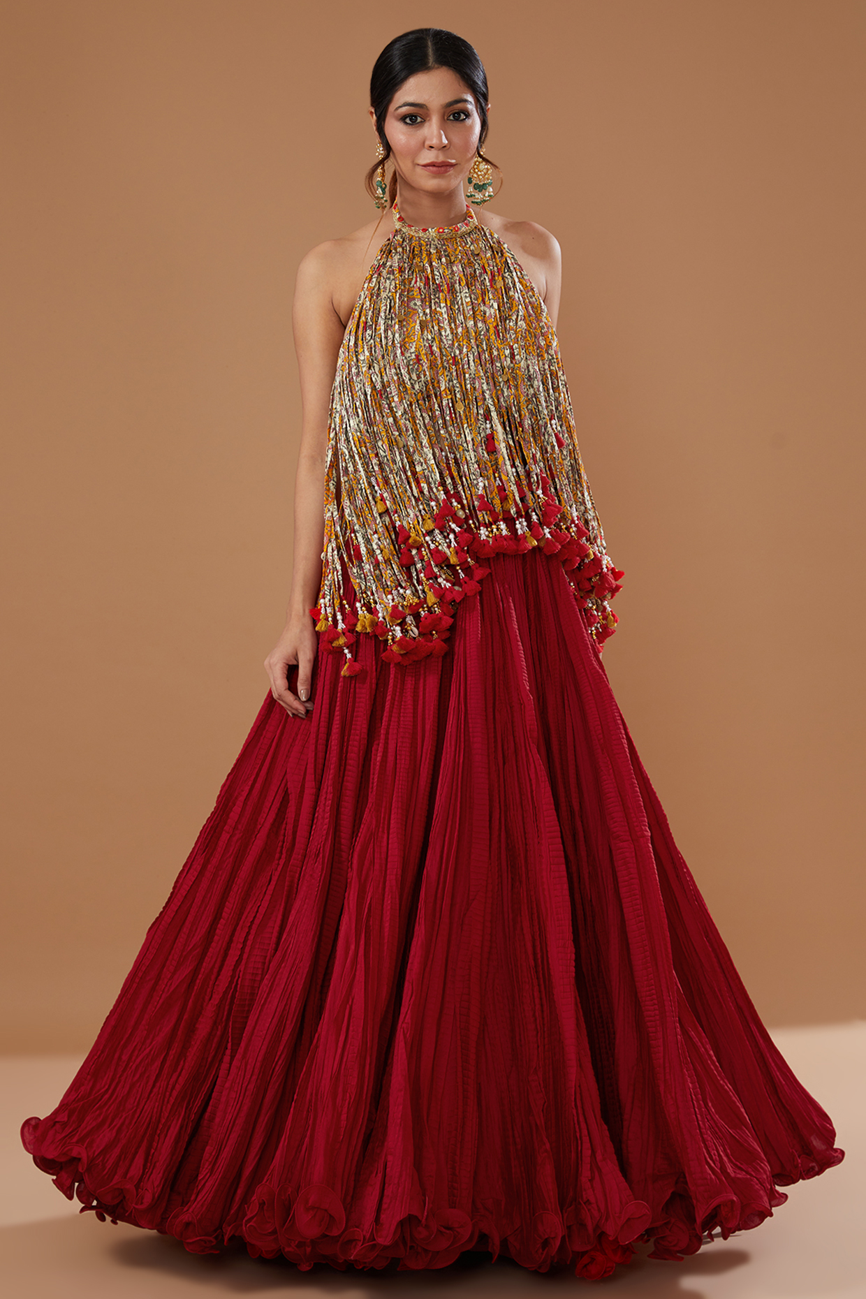 Red Chanderi Crushed Skirt Set by Debyani at Pernia's Pop Up Shop