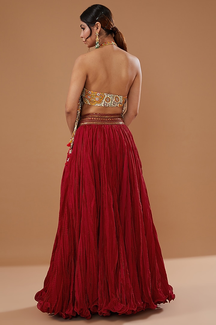 Red Chanderi Crushed Skirt Set by Debyani at Pernia's Pop Up Shop