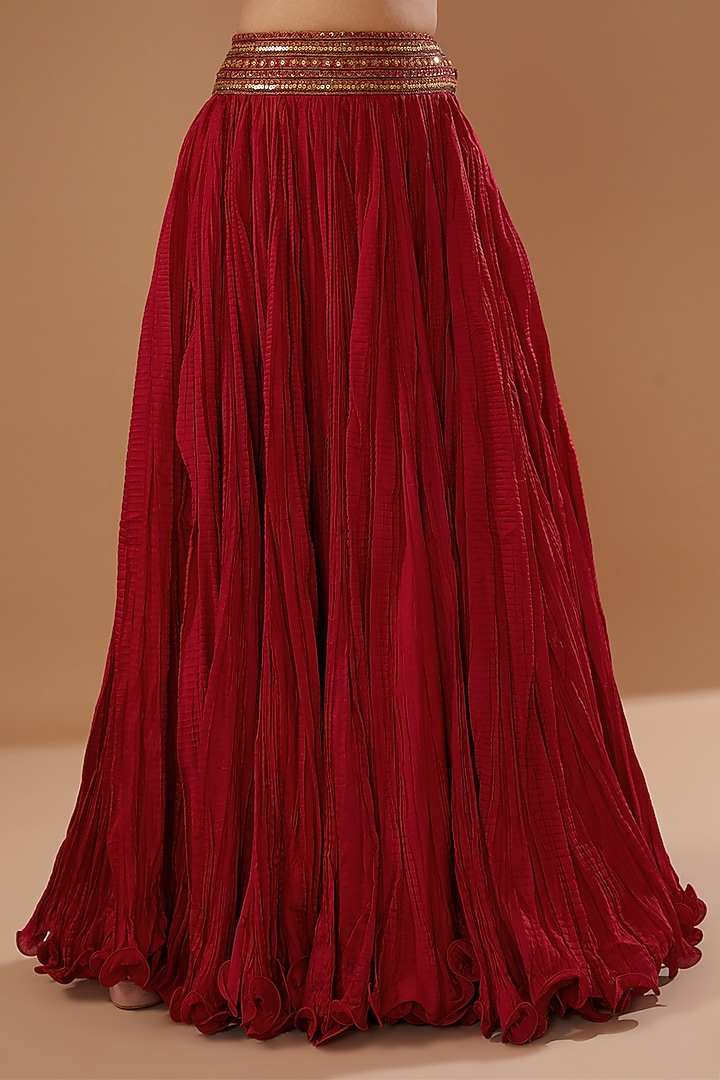 Red Chanderi Crushed Skirt Set by Debyani at Pernia's Pop Up Shop