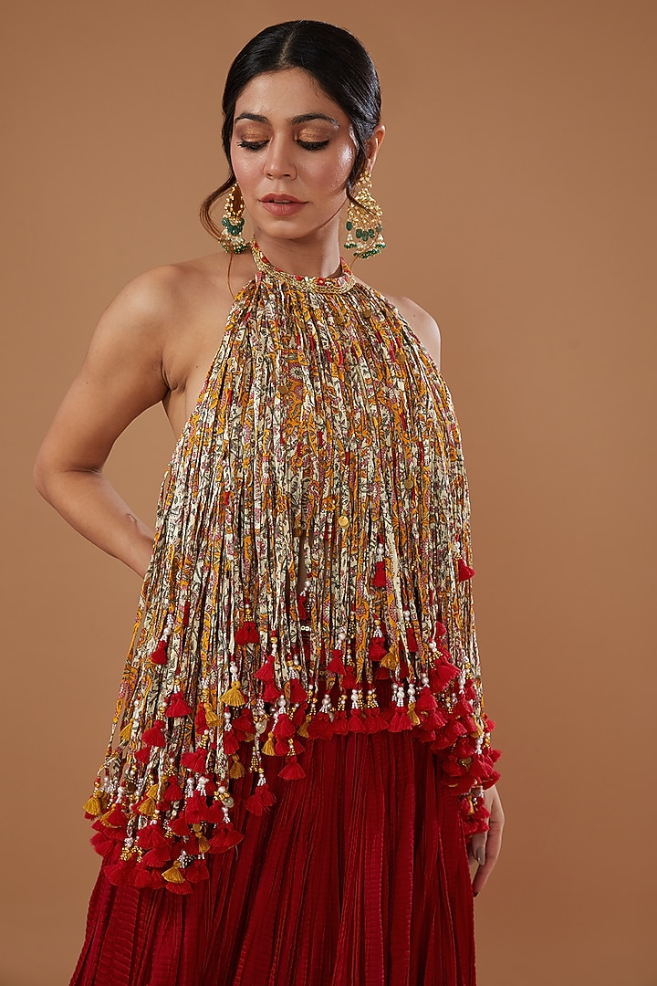 Red Chanderi Crushed Skirt Set by Debyani at Pernia's Pop Up Shop