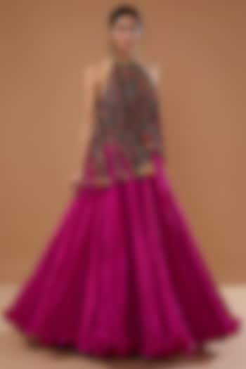 Magenta Chanderi Crushed Skirt Set by Debyani at Pernia's Pop Up Shop