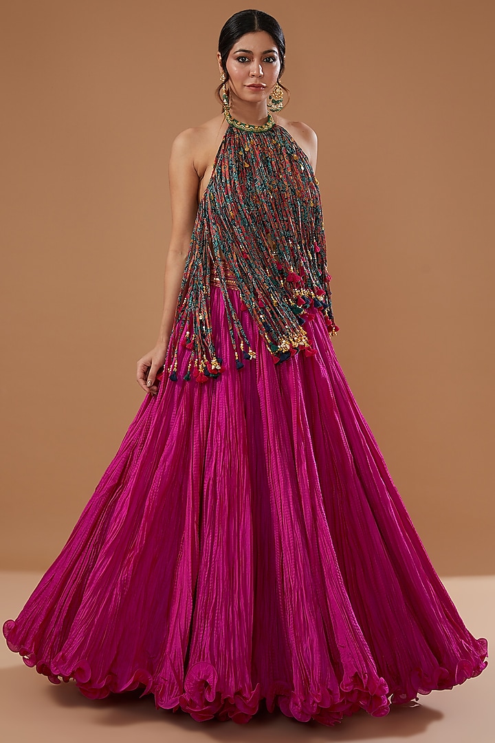 Magenta Chanderi Crushed Skirt Set by Debyani at Pernia's Pop Up Shop