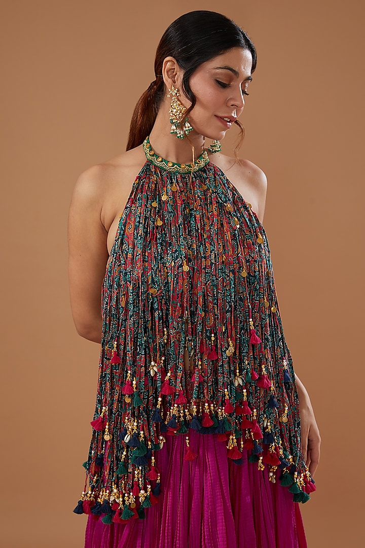 Magenta Chanderi Crushed Skirt Set by Debyani at Pernia's Pop Up Shop