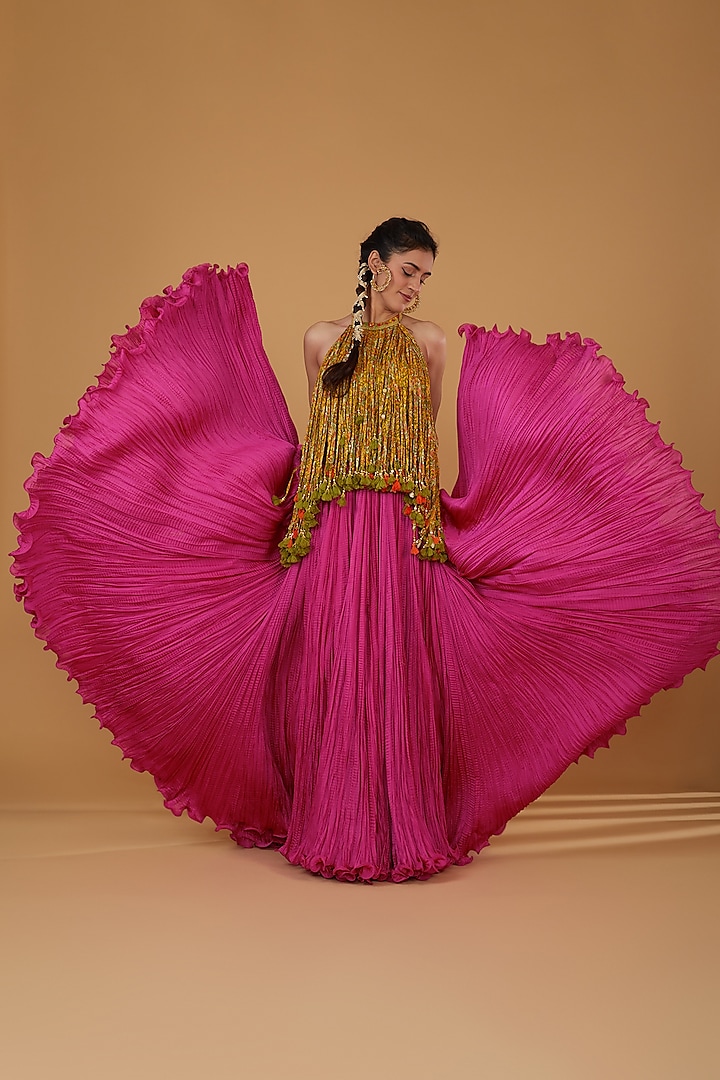 Rani Pink Chanderi Silk Crushed Skirt Set by Debyani at Pernia's Pop Up Shop